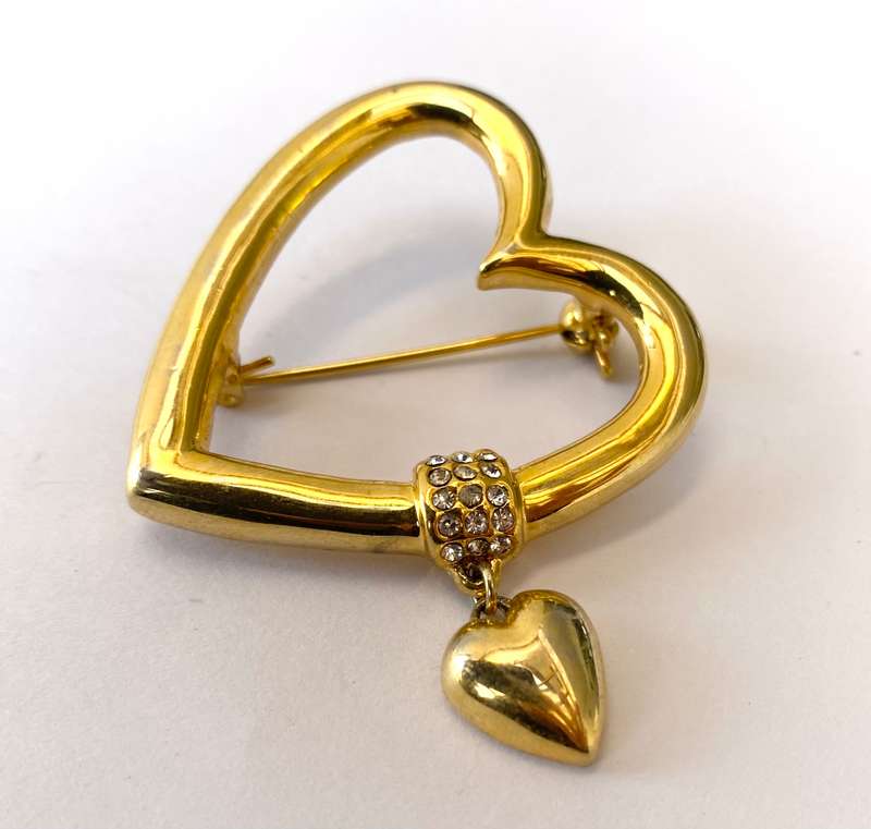 Brooch - Cut-out Heart Shape With Diamante Bar on Side and Hanging Heart. Gold Colour #ML1681