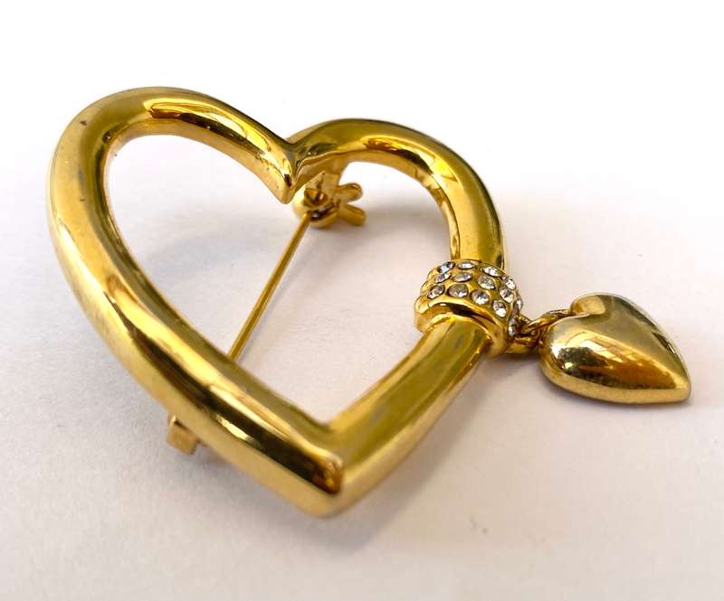 Brooch - Cut-out Heart Shape With Diamante Bar on Side and Hanging Heart. Gold Colour #ML1681