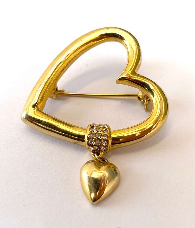 Brooch - Cut-out Heart Shape With Diamante Bar on Side and Hanging Heart. Gold Colour #ML1681