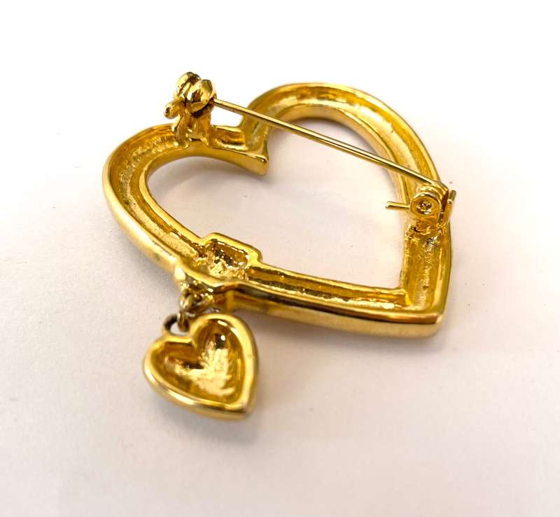 Brooch - Cut-out Heart Shape With Diamante Bar on Side and Hanging Heart. Gold Colour #ML1681