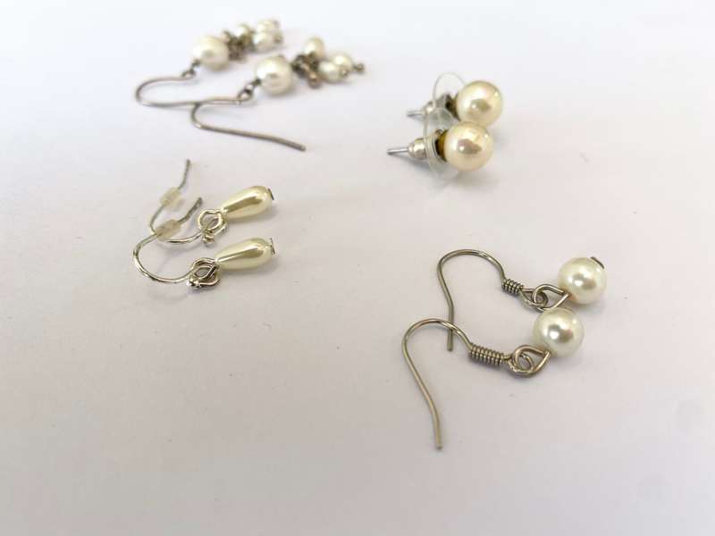 Earrings - 4 Sets. 3 Hanging Drops and 1 Stud. Pearly Beads. Silver Colour #ML1688