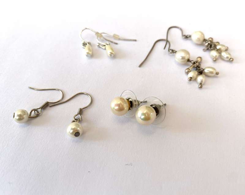 Earrings - 4 Sets. 3 Hanging Drops and 1 Stud. Pearly Beads. Silver Colour #ML1688