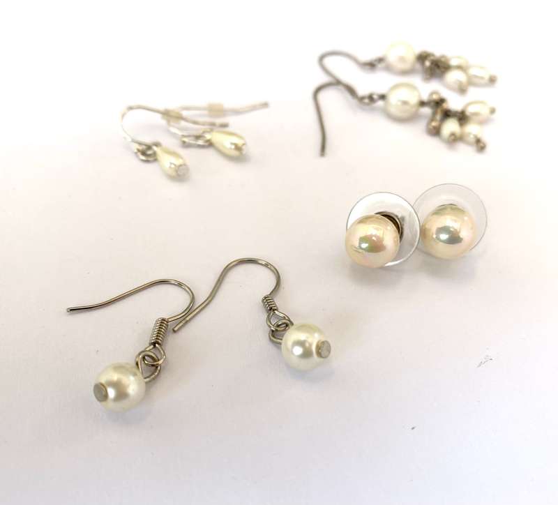 Earrings - 4 Sets. 3 Hanging Drops and 1 Stud. Pearly Beads. Silver Colour #ML1688