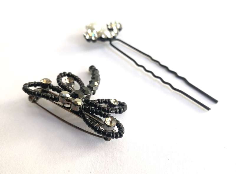 Set - Black Beaded Dragonfly Brooch With Clear Stones and Hair Pin With Flower Diamante and Pearl...