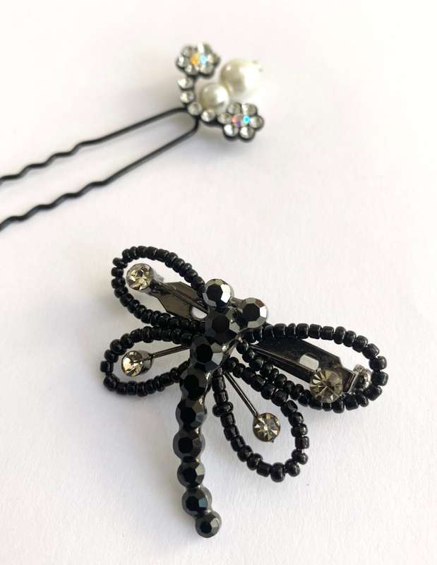 Set - Black Beaded Dragonfly Brooch With Clear Stones and Hair Pin With Flower Diamante and Pearl...