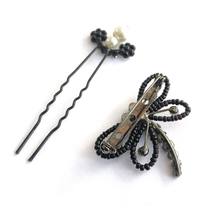 Set - Black Beaded Dragonfly Brooch With Clear Stones and Hair Pin With Flower Diamante and Pearl...