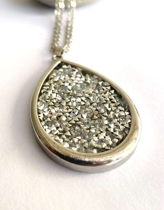 Pendant - Long Double Chain With Large Teardrop Sparkly Pendant. Silver Colour #ML1701