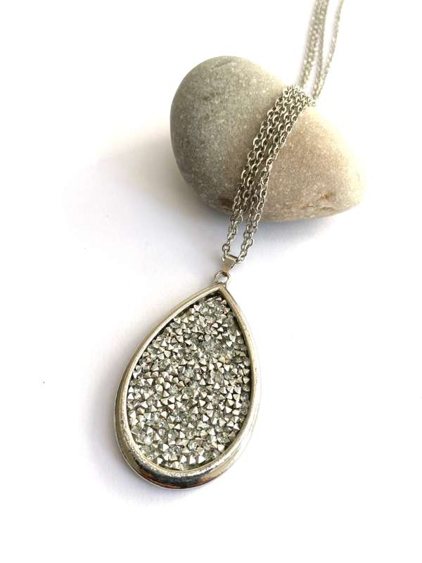 Pendant - Long Double Chain With Large Teardrop Sparkly Pendant. Silver Colour #ML1701