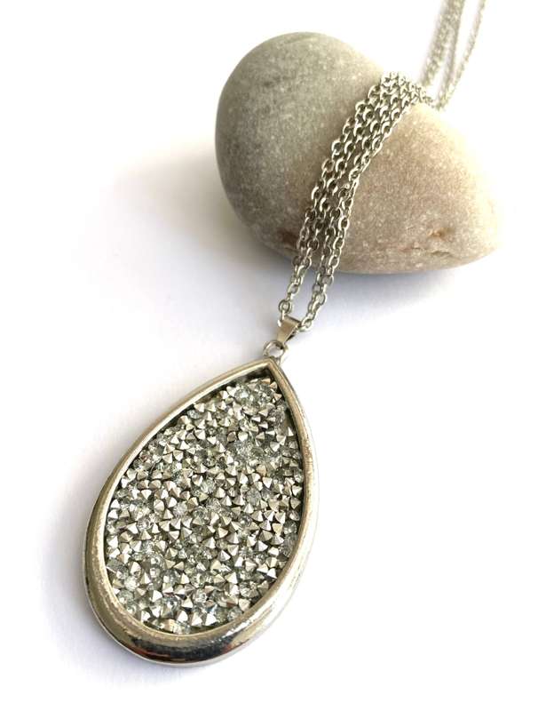 Pendant - Long Double Chain With Large Teardrop Sparkly Pendant. Silver Colour #ML1701