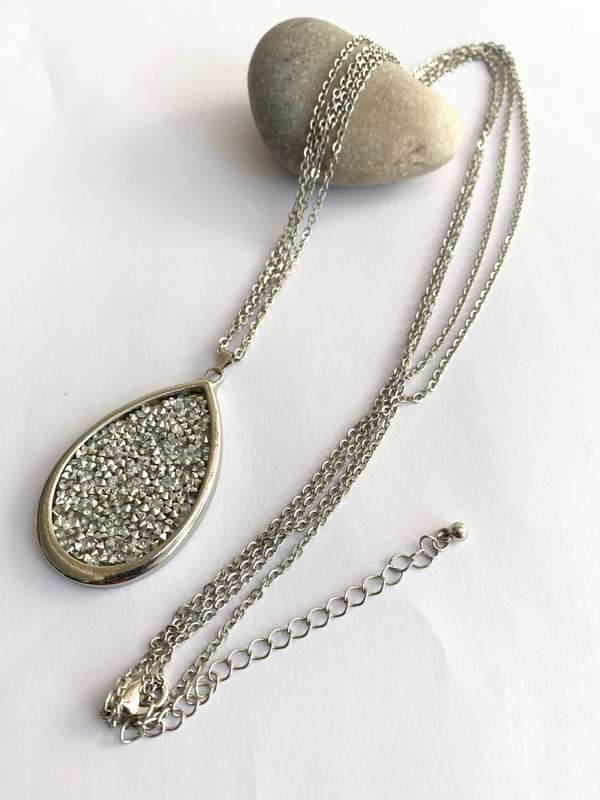 Pendant - Long Double Chain With Large Teardrop Sparkly Pendant. Silver Colour #ML1701