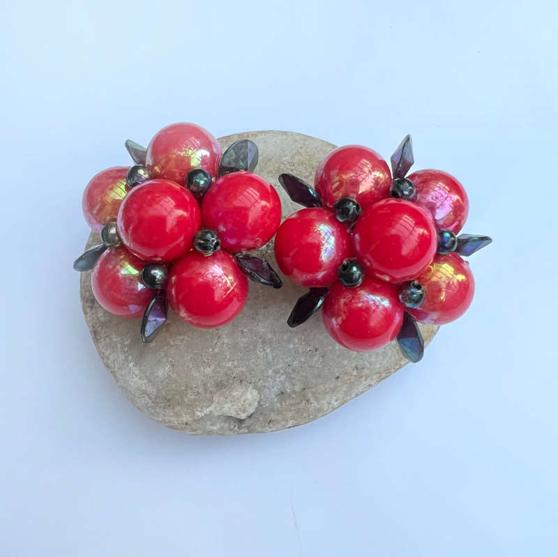 Earrings - Red Retro Clip on Earrings. Shaped like a Bunch of Grapes with Black Beads as Leaves M...
