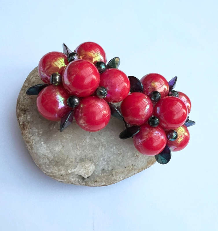 Earrings - Red Retro Clip on Earrings. Shaped like a Bunch of Grapes with Black Beads as Leaves M...