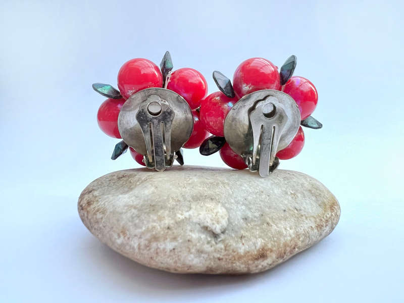 Earrings - Red Retro Clip on Earrings. Shaped like a Bunch of Grapes with Black Beads as Leaves M...