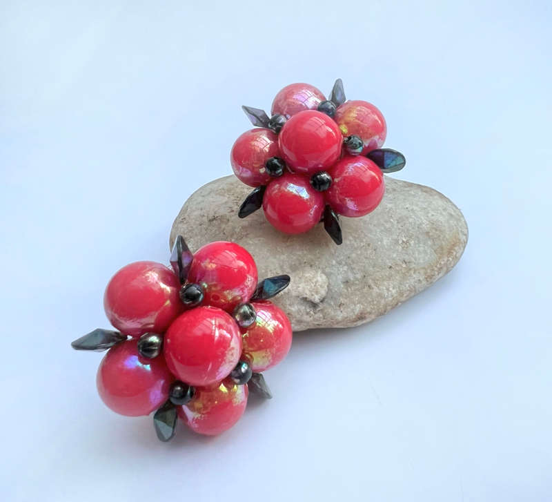 Earrings - Red Retro Clip on Earrings. Shaped like a Bunch of Grapes with Black Beads as Leaves M...