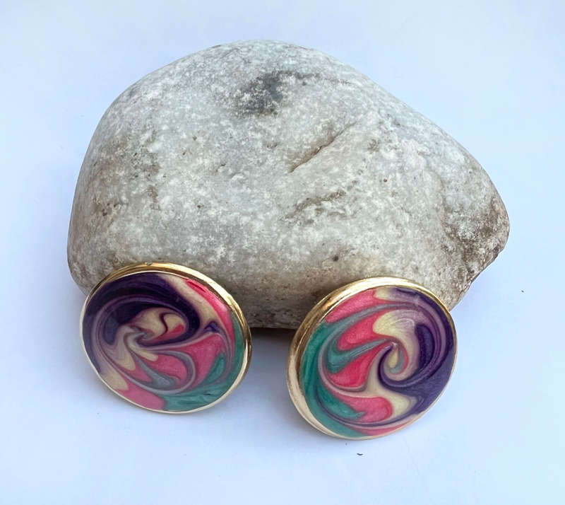 Earrings - Vintage Retro Colourful Round Earrings With Gold Tone Frame Around Clip On Earring ML1719