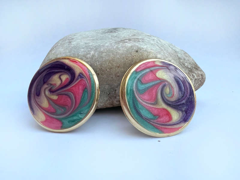 Earrings - Vintage Retro Colourful Round Earrings With Gold Tone Frame Around Clip On Earring ML1719