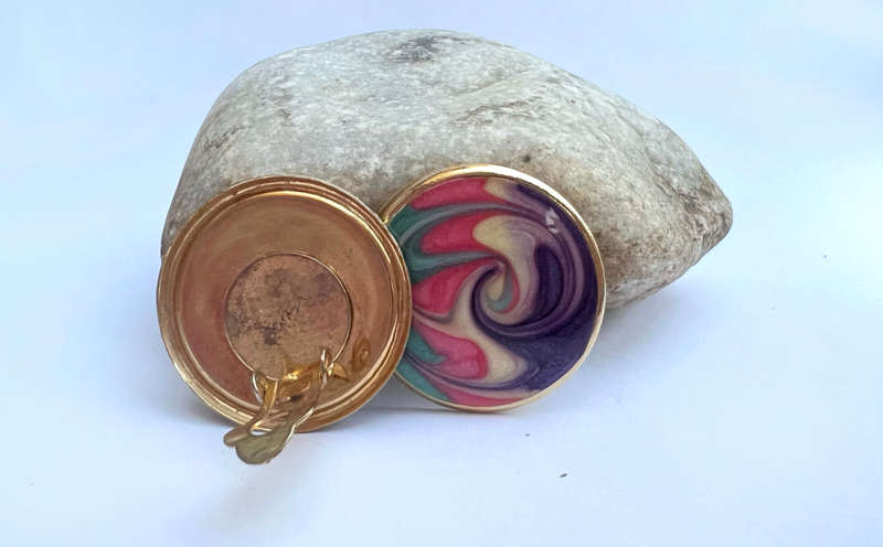 Earrings - Vintage Retro Colourful Round Earrings With Gold Tone Frame Around Clip On Earring ML1719