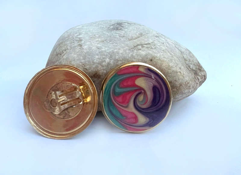 Earrings - Vintage Retro Colourful Round Earrings With Gold Tone Frame Around Clip On Earring ML1719