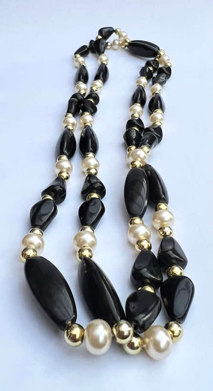 Necklace - Long Vintage Plastic Necklace with Black, Pearl Coloured Beads and Gold Colour round B...