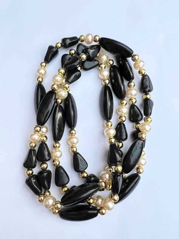 Necklace - Long Vintage Plastic Necklace with Black, Pearl Coloured Beads and Gold Colour round B...