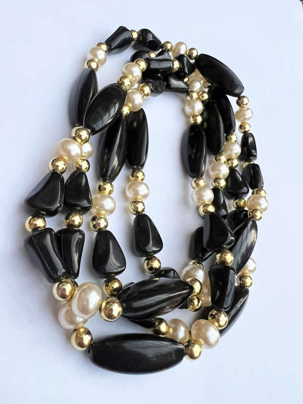 Necklace - Long Vintage Plastic Necklace with Black, Pearl Coloured Beads and Gold Colour round B...