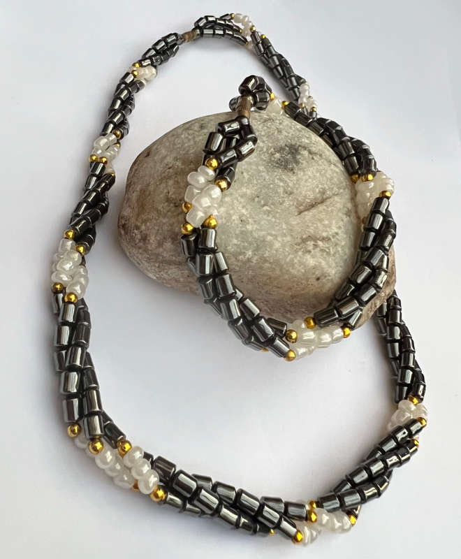 Set - 3 Strand Twisted Hematite Necklace and Bracelet, Rectangular Hematite separated by small Go...