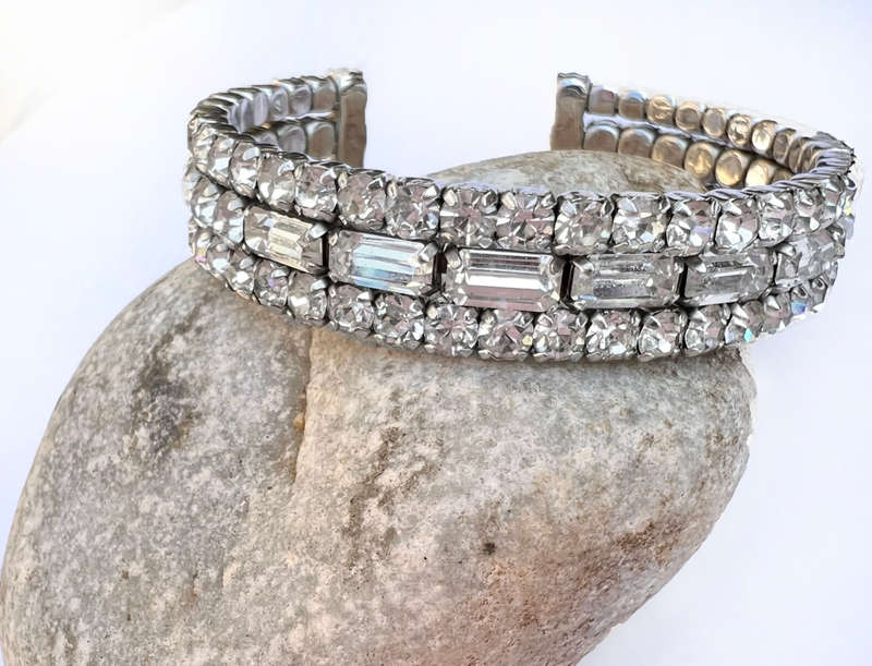 Bangle - Diamante Open Cuff Design. Outer rows made up of small Square Stones. Centre Row made up...