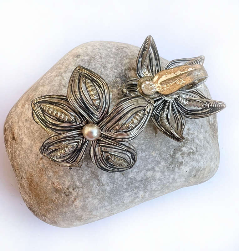Set - Vintage Silver Colour. Flower Design with a Centred small Pearl style Brooch & Clip on Earr...