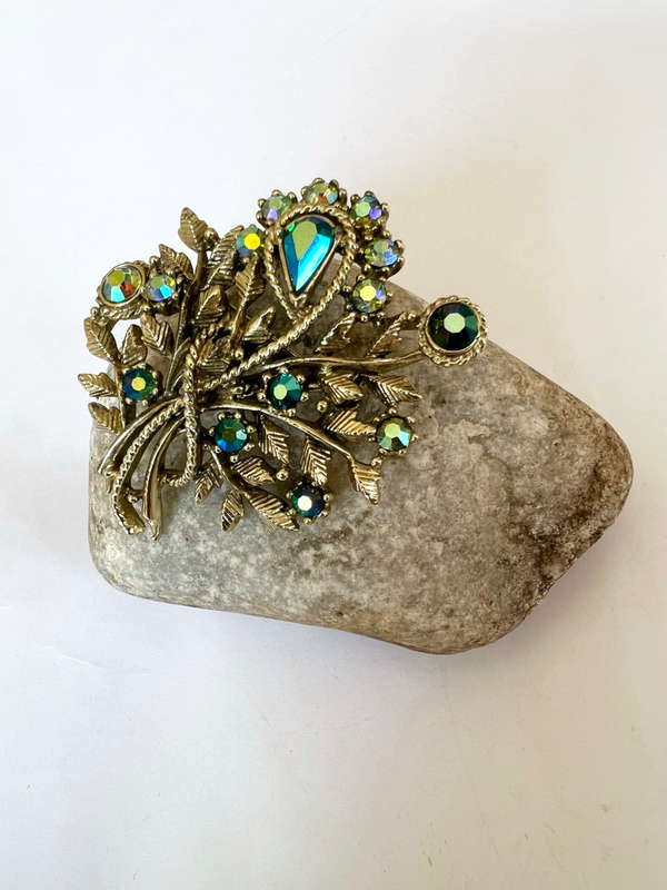 Brooch - Vintage Bouquet Design in Beautiful Colours of iridescent Blue. Gold Tone Metal with Rhi...