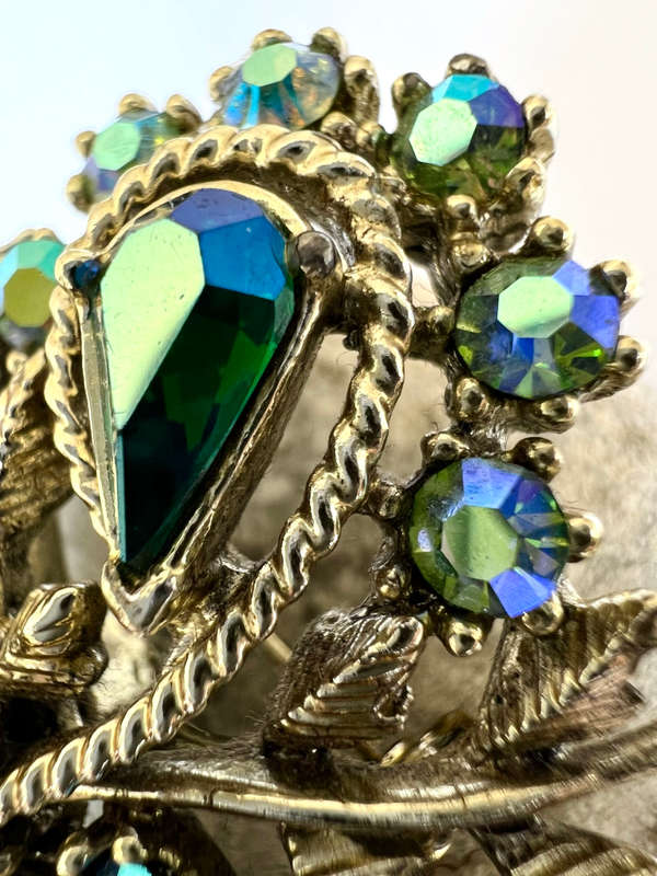 Brooch - Vintage Bouquet Design in Beautiful Colours of iridescent Blue. Gold Tone Metal with Rhi...