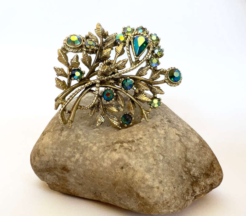 Brooch - Vintage Bouquet Design in Beautiful Colours of iridescent Blue. Gold Tone Metal with Rhi...