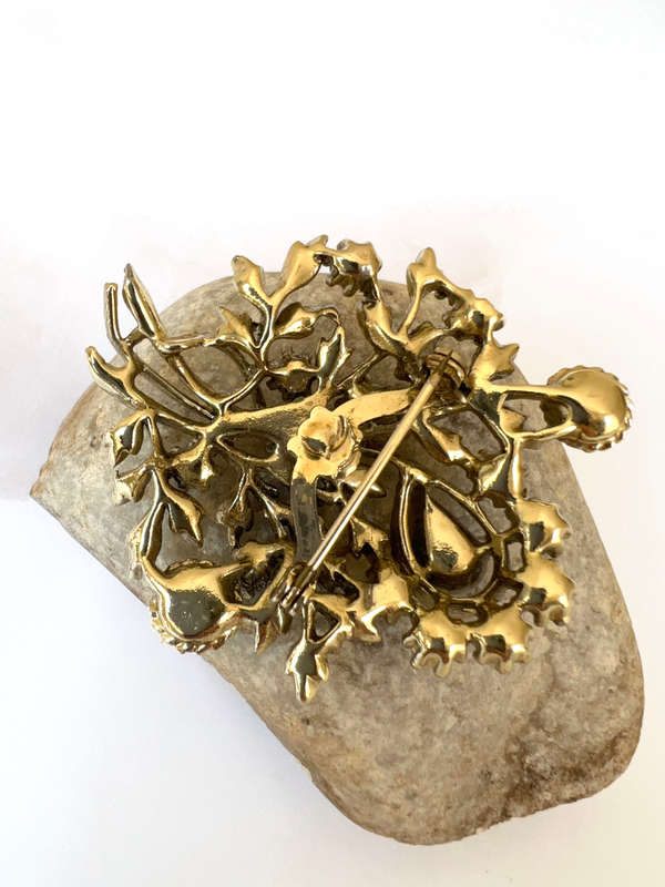 Brooch - Vintage Bouquet Design in Beautiful Colours of iridescent Blue. Gold Tone Metal with Rhi...