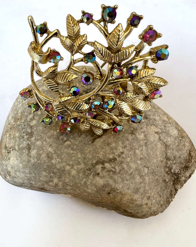 Brooch - Vintage Bouquet Design in Beautiful iridescent blue, purple and pink. Gold Tone Metal wi...