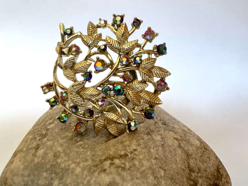 Brooch - Vintage Bouquet Design in Beautiful iridescent blue, purple and pink. Gold Tone Metal wi...