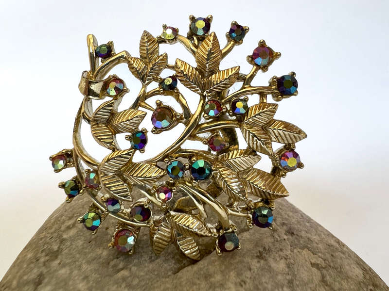 Brooch - Vintage Bouquet Design in Beautiful iridescent blue, purple and pink. Gold Tone Metal wi...