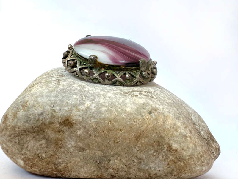 Brooch - Vintage Miracle brand. Celtic Faux Purple Agate Oval. Dark Silver Colour Frame ML1759