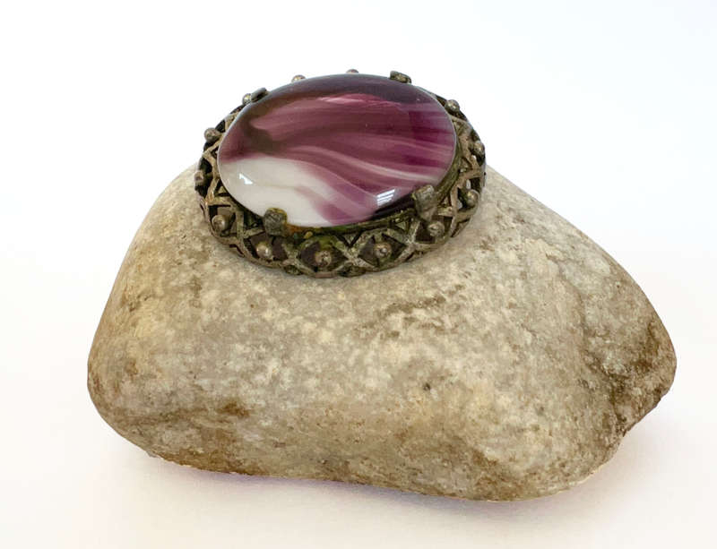 Brooch - Vintage Miracle brand. Celtic Faux Purple Agate Oval. Dark Silver Colour Frame ML1759