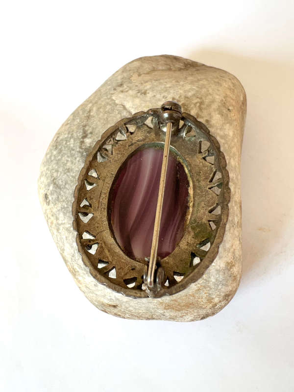 Brooch - Vintage Miracle brand. Celtic Faux Purple Agate Oval. Dark Silver Colour Frame ML1759