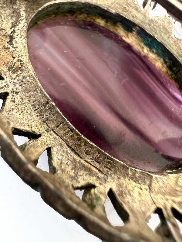 Brooch - Vintage Miracle brand. Celtic Faux Purple Agate Oval. Dark Silver Colour Frame ML1759