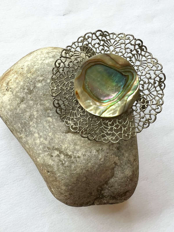 Brooch- Dainty Filigree Silver Tone Design with Mother of Pearl Centre ML1762