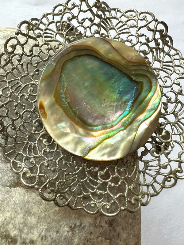 Brooch- Dainty Filigree Silver Tone Design with Mother of Pearl Centre ML1762