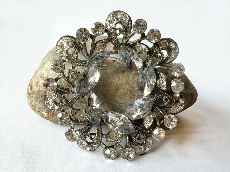 Brooch - Large Vintage Silver Tone Round Rhinestone Design with different shape stones, round, te...
