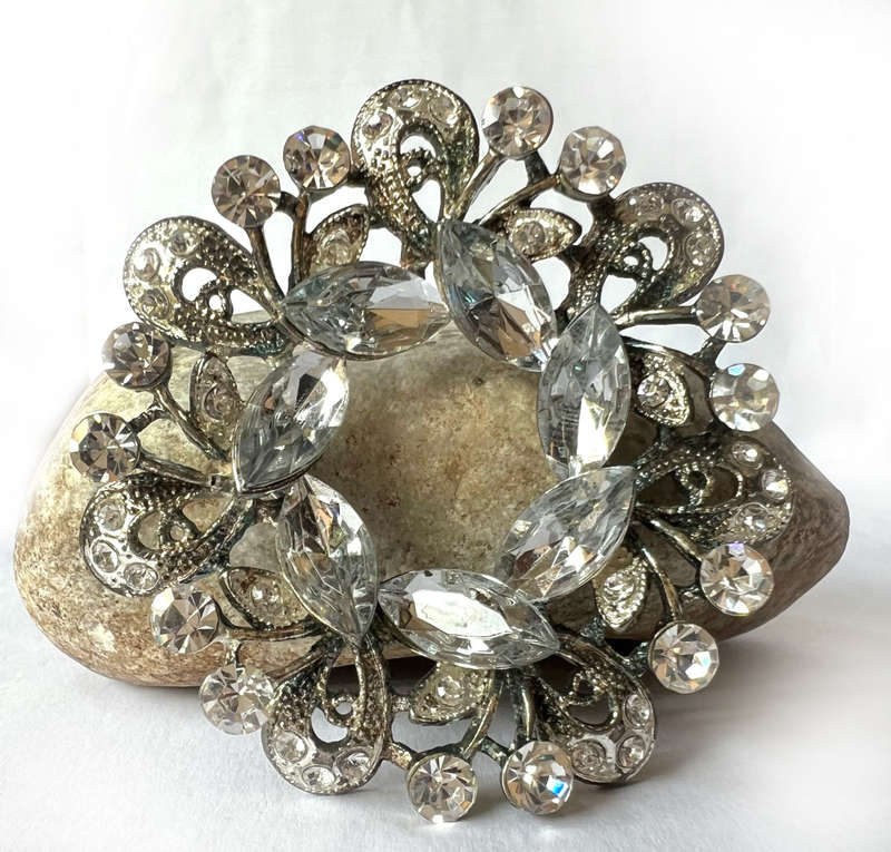 Brooch - Large Vintage Silver Tone Round Rhinestone Design with different shape stones, round, te...