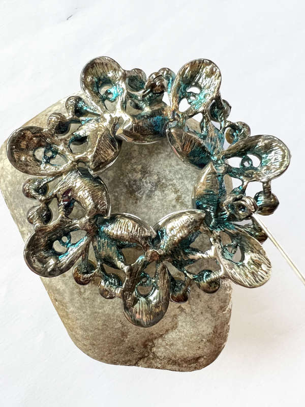 Brooch - Large Vintage Silver Tone Round Rhinestone Design with different shape stones, round, te...