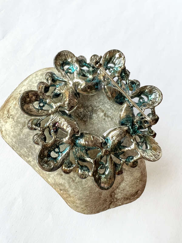 Brooch - Large Vintage Silver Tone Round Rhinestone Design with different shape stones, round, te...