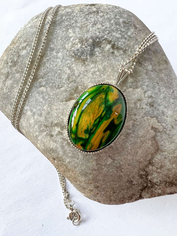 Necklace - Vintage 925 Sterling Silver pendant. Green, Yellow and Black Stone with silver chain M...