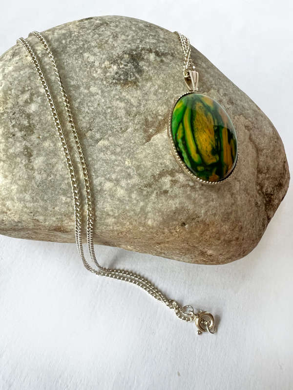 Necklace - Vintage 925 Sterling Silver pendant. Green, Yellow and Black Stone with silver chain M...