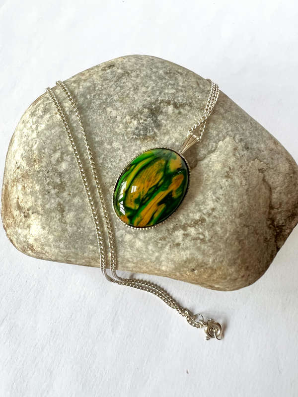 Necklace - Vintage 925 Sterling Silver pendant. Green, Yellow and Black Stone with silver chain M...