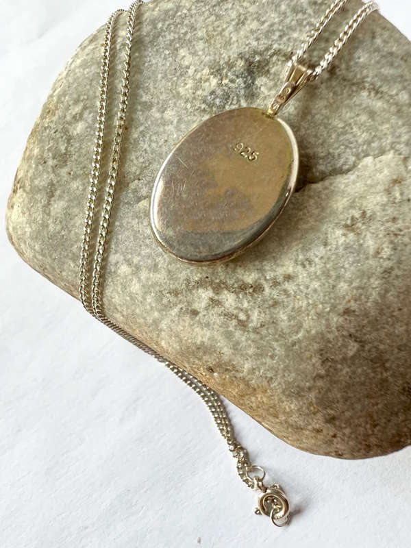 Necklace - Vintage 925 Sterling Silver pendant. Green, Yellow and Black Stone with silver chain M...