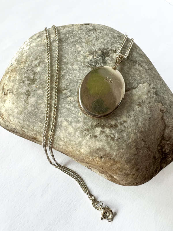 Necklace - Vintage 925 Sterling Silver pendant. Green, Yellow and Black Stone with silver chain M...